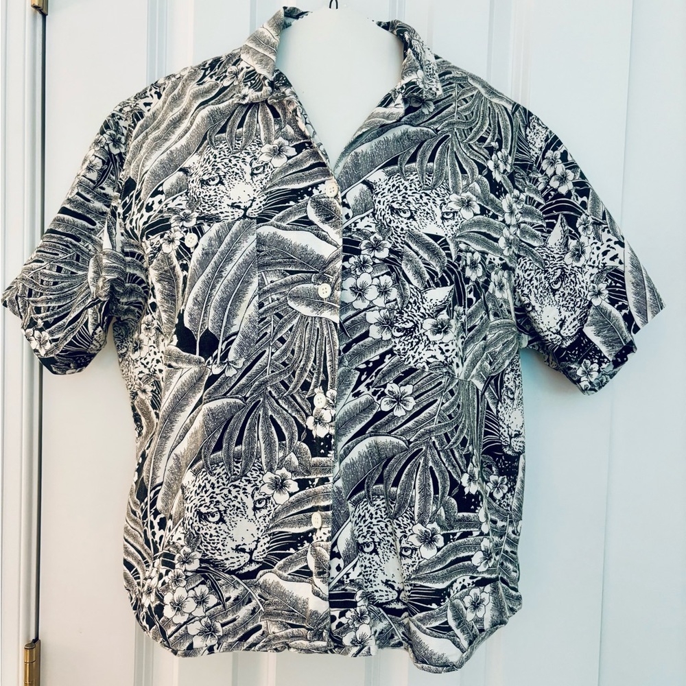 Roberto Orsini Button Up Shirt animal leopard black white cotton vintage casual